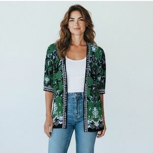 Chico's Kimono Women 1 Med Green Ikat Print Cardigan Linen Cotton Blend Boho